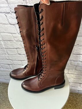 Sam Edelman Brown Leather Tall Lace-Up Boots Side Zip Riding Boots Women’s